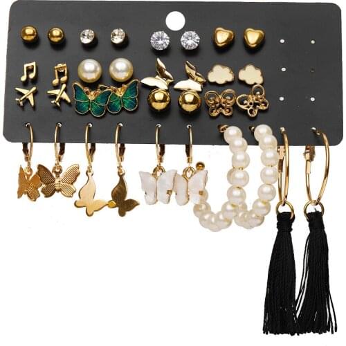 17 Pairs Set Earrings for Women Fashion Earrings Mosaic Crystal Pearl Jewelry Female Retro Butterfly Airplane Tassel Ear Studs