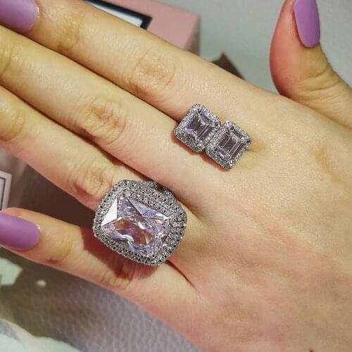 925 Sterling Silver Jewelry set halo Engagement ring round stud earring for Wedding Valentines Day gift Valentines Day J6009