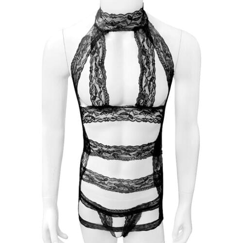 Sissy Lace Lingerie For Mens Underwear With Thong Bandage Open Crotch See Through Babydoll EroticCostumes Nightclub Dress