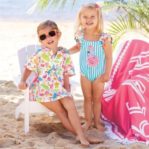 New Toddler Kids Baby Girls Swimwear Flamingo Strip One-Piece Tassels Bikini Set Swimsuit Bathing Suit Beach Monokini