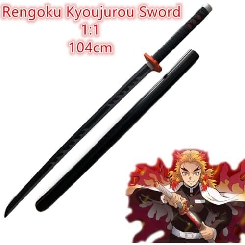 104cm Demon Slayer Sword Weapon Rengoku Kyoujurou Fire Sword Black Grey Sowrd Cosplay 1:1 Ninja Knife PU Prop Anime Sword