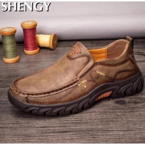 Autumn Men Shoes Solid Color Leather Slip-On Sewing Waterproof Men Shoes Casual Fashion Outdoor Males Loafers Shoes
