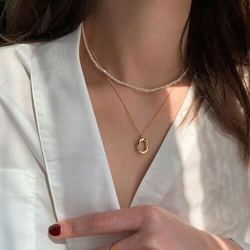 KINFOLK 2021New Vintage Irregular Pearl Jewelry Gold Plated Link Chain Layered Necklaces for Women Ladies Pearl Necklace