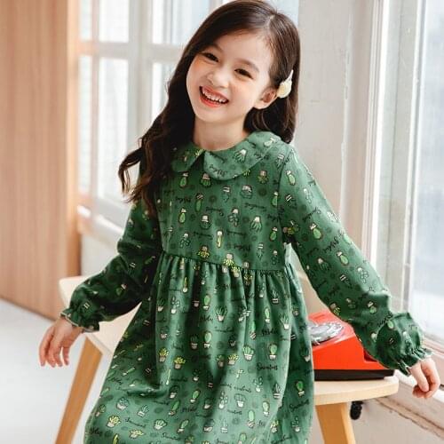 New Autumn Children Dresses Cotton Toddler Girl Clothes Fashion Flower Dress for Girls 2-10T Full Turn-down Collar Kids Dresses