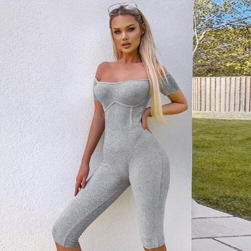 Solid Ribbed Off Shoulder Playsuit Women Short Sleeve Bodycon Playsuit Ladies One Piece Shorts Jumpsuit Rompers for Fitness