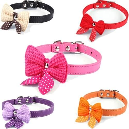 Cute Polka Dots Knit Bowknot Adjustable PU Leather Dog Puppy Pet Collars Necklace XS S M Chihuahua Yorkie Maltese Pomeranian
