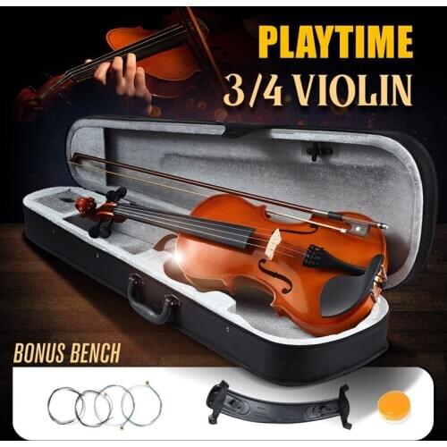 Playtime 3/4 Full-Size Acoustic Violin Student Kit 4-String Natural Varnish Finish w Case Bow Rosin Shoulder-Rest