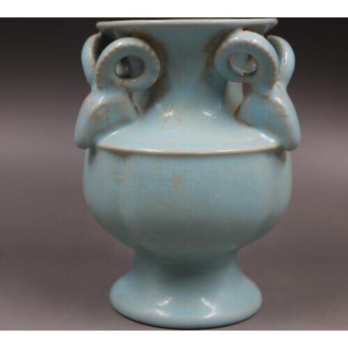 Ru kiln celestial glaze carving three sheep vase as an antique collection and ornament imitating ancient porcelain unearthed