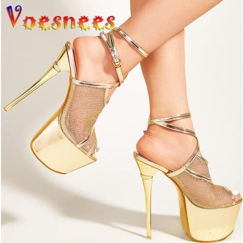 16CM Super Thin High Heels Mesh Striptease Sandals Summer Sexy Lace-up Pole Dance Shoes Walk Show Dress Peep Toe Women Shoes