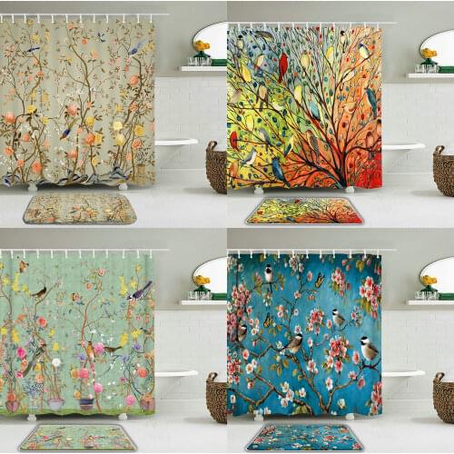 Chinese style Flower Birds Bathroom Decor Shower Curtains Set Toilet Non-Slip Bath Mat Rug Sets Waterproof Bath Curtains