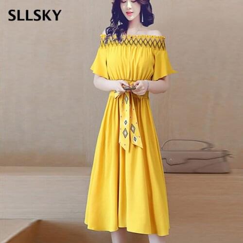 SLLSKY Vintage Thin Chiffon Women Dress Slash-Neck Belt Bow Female Dress 2021 Summer Short Sleeve Party Mid-Length Lady Dress