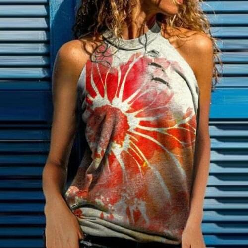 Women T-shirt Flower Print Halter Summer Loose Top Sleeveless Blouse for Dating