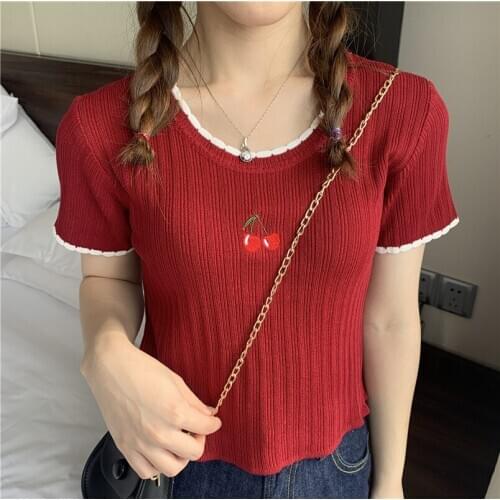 Summer Women Knit T-shirt Cherry Short Sleeve Tee Casual Crop Tops