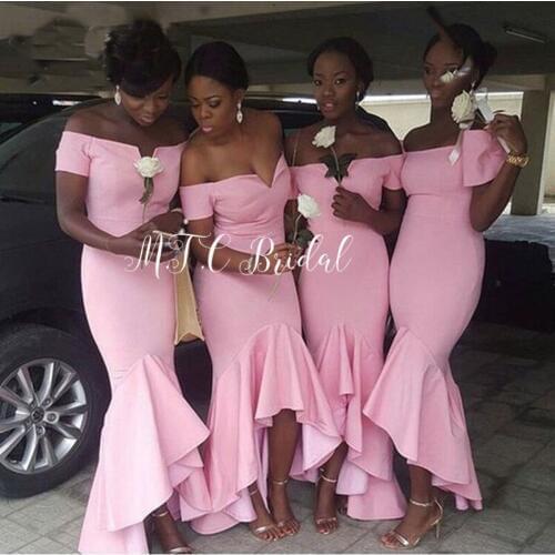 Lovely Pink Mermaid African Bridesmaid Dresses 2019 Boat Neck Off The Shoulder Elastic Satin Long Wedding Party Dress Wholesale