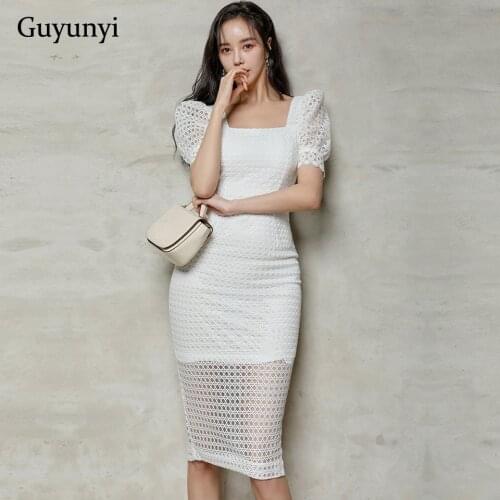 Black White Lace Dress 2021 Summer Square Collar Puff Sleeve Temperament High Waist Tight Elegant Party Womens Dresses