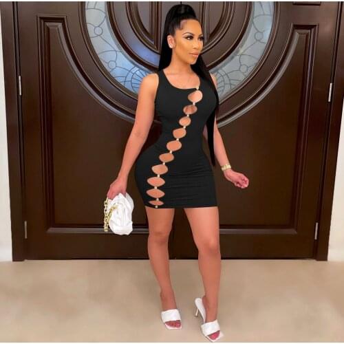 Women Dress Solid Sleeveless Hollow Out Bodycon Elastic Above Knee Length Dresses Sexy Night Club Outfits 2021