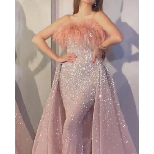 STYLISH LADY Feather Glitter Sequin Dress 2021 Spring Women Sleeveless Strapless Bodycon Shiny Runway Party Long Maxi Dress