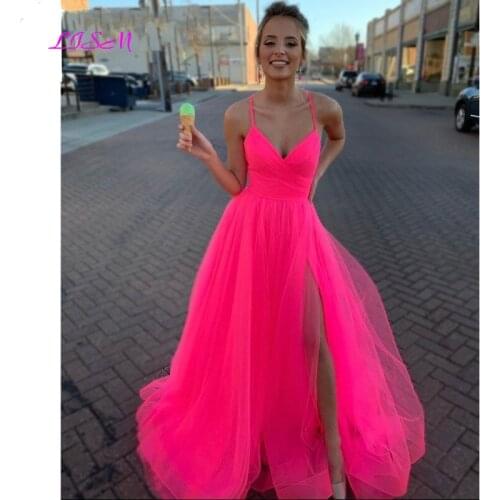 Hot-Pink Long Evening Party Dresses Vestidos De Festa Sexy Spaghetti Straps Side Split Formal Prom Dresses 2021