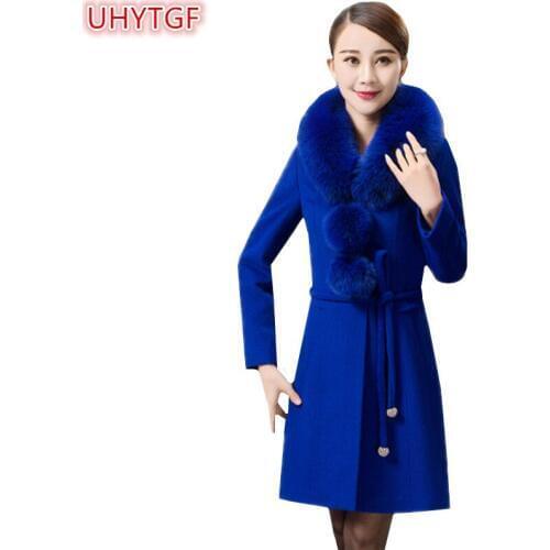 UHYTGF Winter Wool Coat Womens Trench Coat 2018 Plus size long coat Casual Korean Fashion Woolen coat Elegant high quality 176