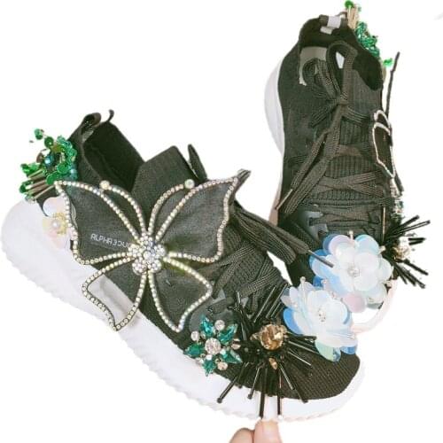 Bling Sequins Black Knitted Breathable Womens Sneakers 2021 Fashion Summer Rhinestones Butterfly Ladies Casual Vulcanized Shoes