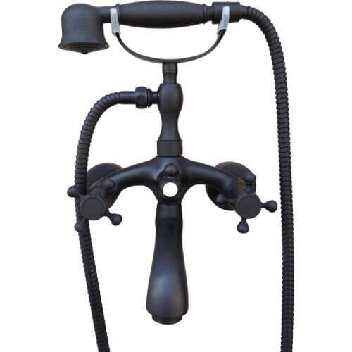 Black Oil Rubbed Brass Double Cross Handles Wall Mounted Claw Foot Bathroom Tub Faucet Mixer Tap With Handshower mtf561