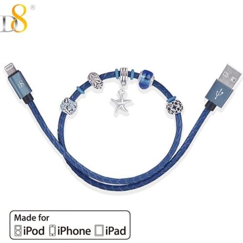 D8 Mfi Certified Beads Bracelet Charge USB Data Cable with magnetic Bracelet Cord Genuine Leather Woven for iPhone iPad 0.4M