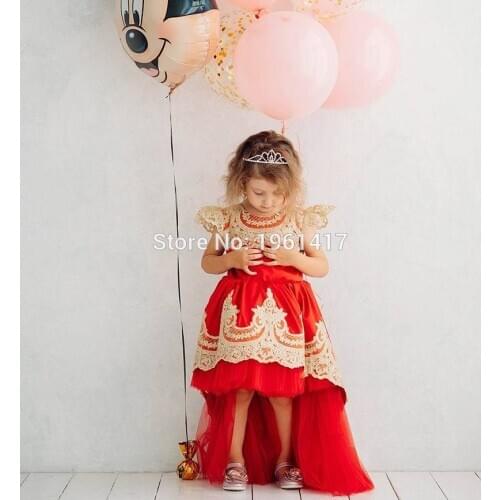 Childrens Sleeveless Beauty Dress Girls Red Dress Is Short In Front And Long In Back Baby Birthday dress appliquess