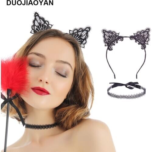 DUOJIAOYAN 2pcs/set cat girls Hair band lace necklace Party sexy accessories Female fabric torque Cat Ears Headband set