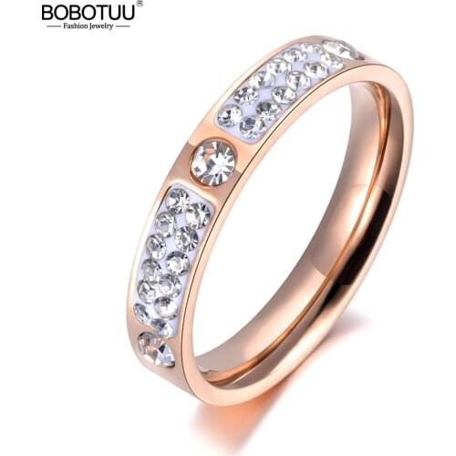 BOBOTUU Classic Rose Gold Color Titanium Steel Rings Micro Rhinestone Wedding Engagement Ring Jewelry For Women Anillo BR19010