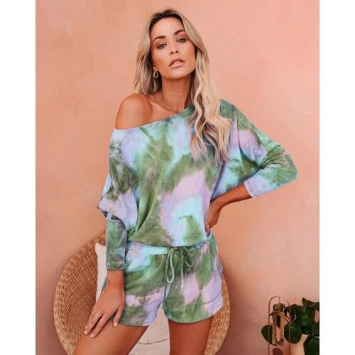 2pcs Women Pajamas Set Tie Dye Home wear Suit Casual Sleepwear Cotton T-shirt + Shorts Sports Tracksuits Pajamas For Women Fall