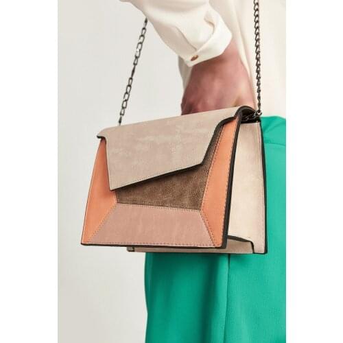 Colorful And Fragmented Shoulder Bag 22.5x18cm Magnet Open-Close Mechanism Half Leather Half Chain Long Hanger Made in Turkey