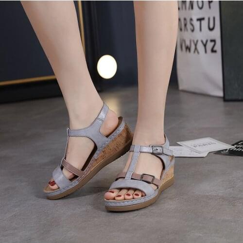 Summer Slope Heel Women Sandals New Lightweight Soft Leather Thick Bottom Middle-aged Comfortable Outdoor Beach Vacation Sandals