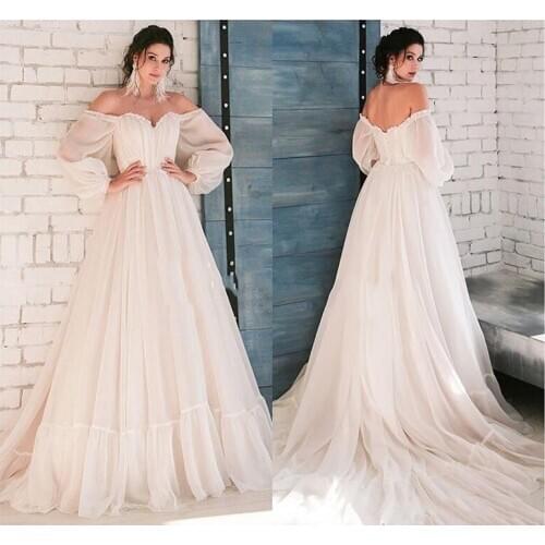 Fashion Boho Ivory Wedding Dress 2020 A-Line Appliques Puff Sleeves Bride Dress Ruffles Wedding Gown Free Shipping 2019