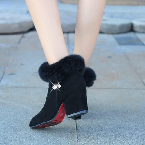 Fashion Boots Women Fur Winter Warm Pointed Ankle Boots Sexy Rhinestone Decoration Zipper Women Boots Comfortable Female Shoes