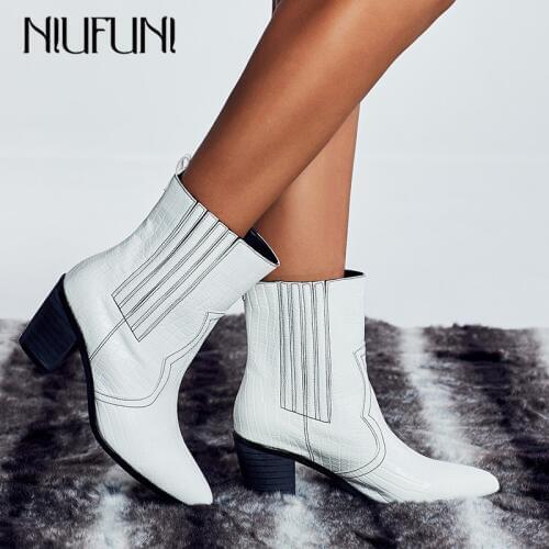 NIUFUNI Fashion Pointed Toe Ankle Boots For Women Thick Heel Snakeskin Boots Black White Shoes Woman Autumn Botas Plus Size 42