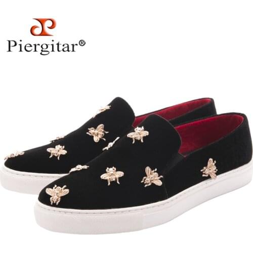 Spring/Summer New Design Piergitar Handcrafted Golden Metal Bees Mens Velvet shoes Easy Walk Casual Style Male Loafers