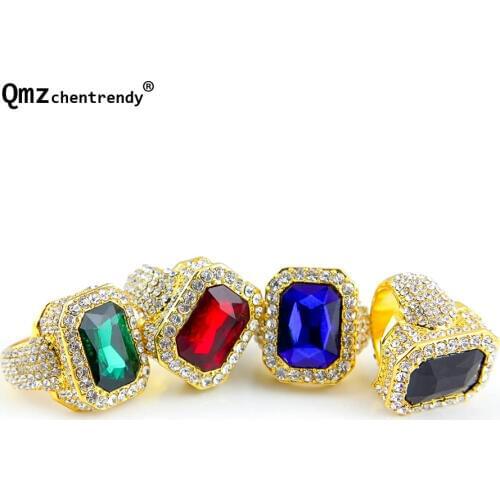 Hip hop Men women Bling Rhinestone Iced Out Finger Rings Octagon Square Red Blue Green Stone Gold Steel Ring For Male Jewelry