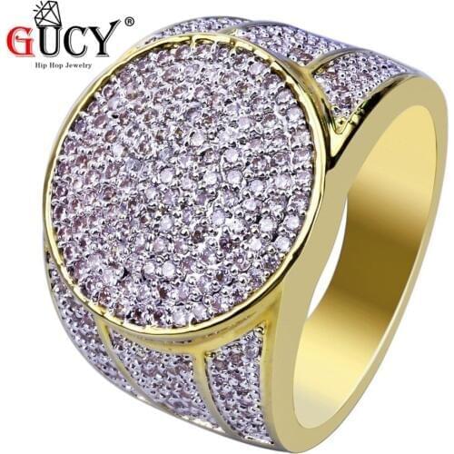 GUCY Gold Color Plated Iced Out Micro Pave Cubic Zircon Crystals Bling Ring Hip Hop Rings For Men Gift,Party