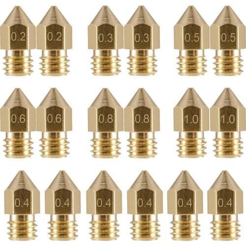 18 Pcs 3D Printer Nozzles M6 Extruder Brass Nozzle Print Head (2x0.2mm+2x0.3mm+6x0.4mm+2x0.5mm+2x0.6mm+2x0.8mm+2x1.0mm) for MK