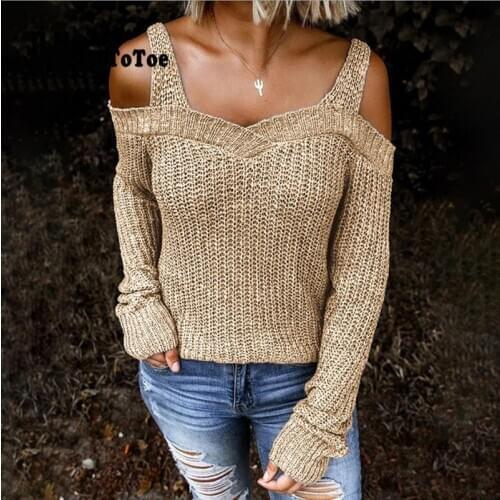 Solid Cutout Cold Shoulder Long Sleeve Sweater Autumn Winter Clothes Women