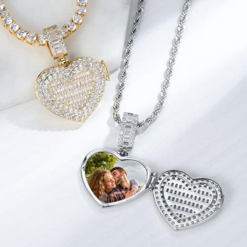 Custom Photo Heart Medallions Necklace & Pendant Gold Color AAA Zircon Men Hip hop Jewelry For Mom Girls Customized Name Jewelry