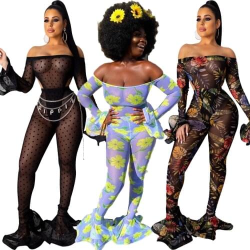 Sexy Mesh Sheer 2 Piece Set Women Fishtail Clothing Long Sleeve Slash Shoudler Bodysuit+Leggings Pant Suit Club Birthday Outfits