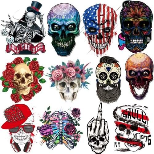 Punk Skull Iron-On Transfers For Clothing Joker Heat Transfer Biker Patches For Clothes Thermal Transfers Vinyl Ironing Stickers