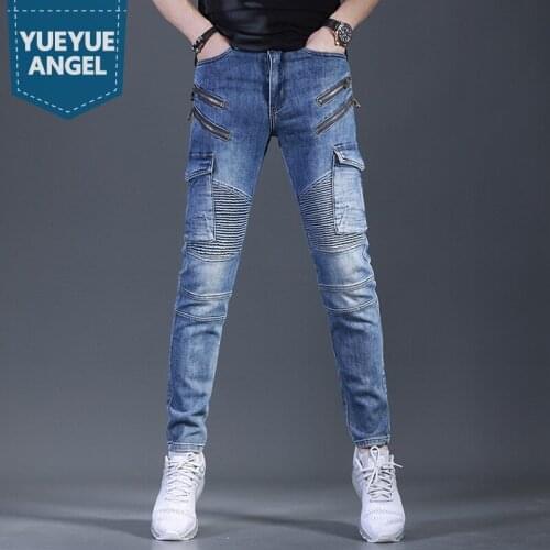 High Street Mens Slim Fit Denim Pencil Pants Zipper Pleated Pocket Moto Biker Jeans Fashion Casual Long Cowboy Pants Trousers 36