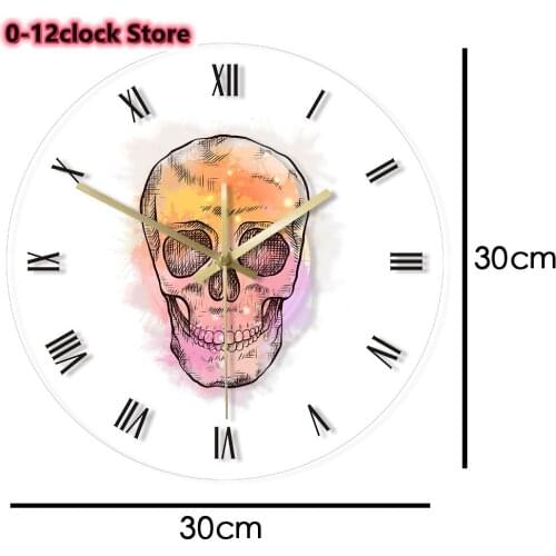 Roman Numerals Watercolour Skull Head Vintage Wall Clock Illuminated Scary Skeleton Timepiece Halloween Hanging Painting Drawn