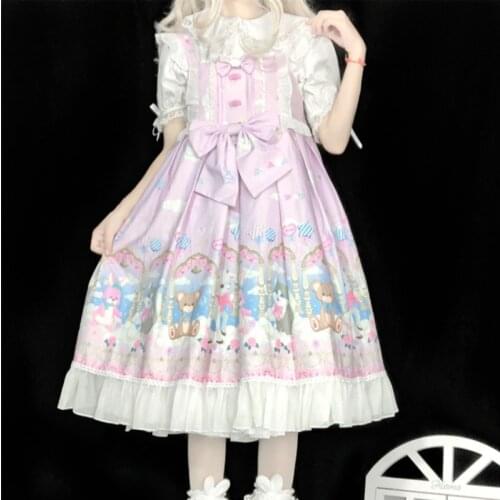 Japanese Sweet Kawaii Jsk Lolita Dress Women Vintage Victorian Gothic Cute Bear Sleeveless Bow Lace Princess Tea Party Dresses