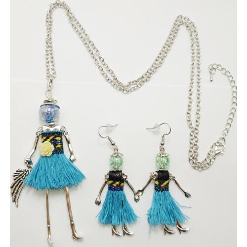 YLWHJJ new women blue tassels doll lovely pendant earrings long Chain necklace fashion statement necklace earring jewelry sets