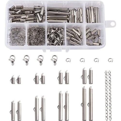 1 set Stainless Steel Slide On End Clasp Tubes Open Jump Rings Lobster Claw Clasps Chain Extender for Jewelry Making
