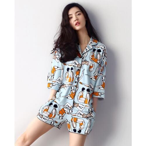 Spring And Summer Womens 100% Cotton Sleepwear Fashion Three Quarter Sleeve Shorts Cardigan Summer Lounge Pijamas