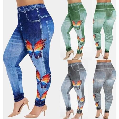 Women Faux Denim Jeans Fashion Stretchy Butterfly Print Legging Skinny Jeggings Bottoms Pants Fashion Faux Denim Long Pants#F3